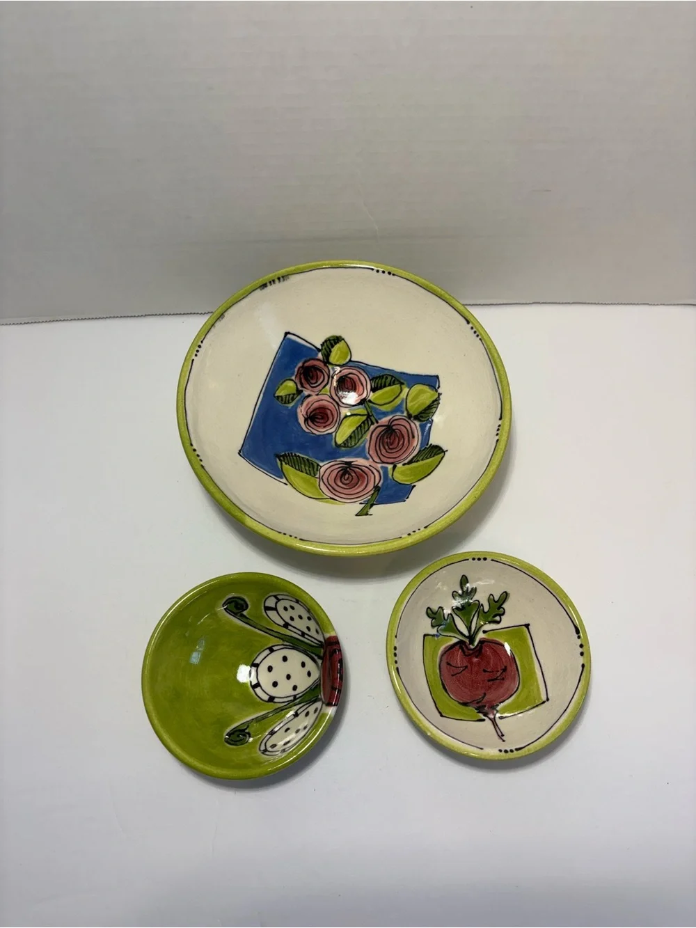 Serving Bowls Artist Signed Colorful Hand Painted Set Of 3 Ceramic Floral